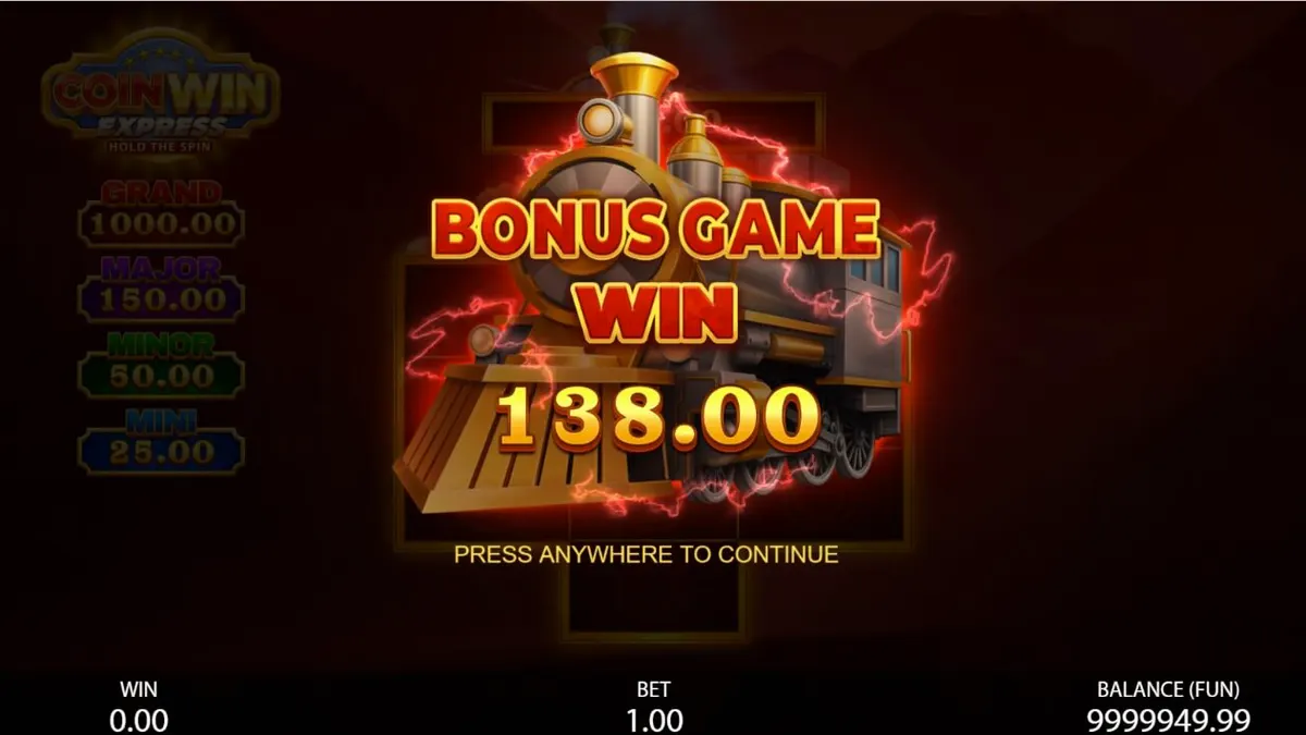 Captura de tela do jogo Coin Win Express: Hold the Spin, mostrando um trem dourado e símbolos clássicos de frutas em carretéis roxos.